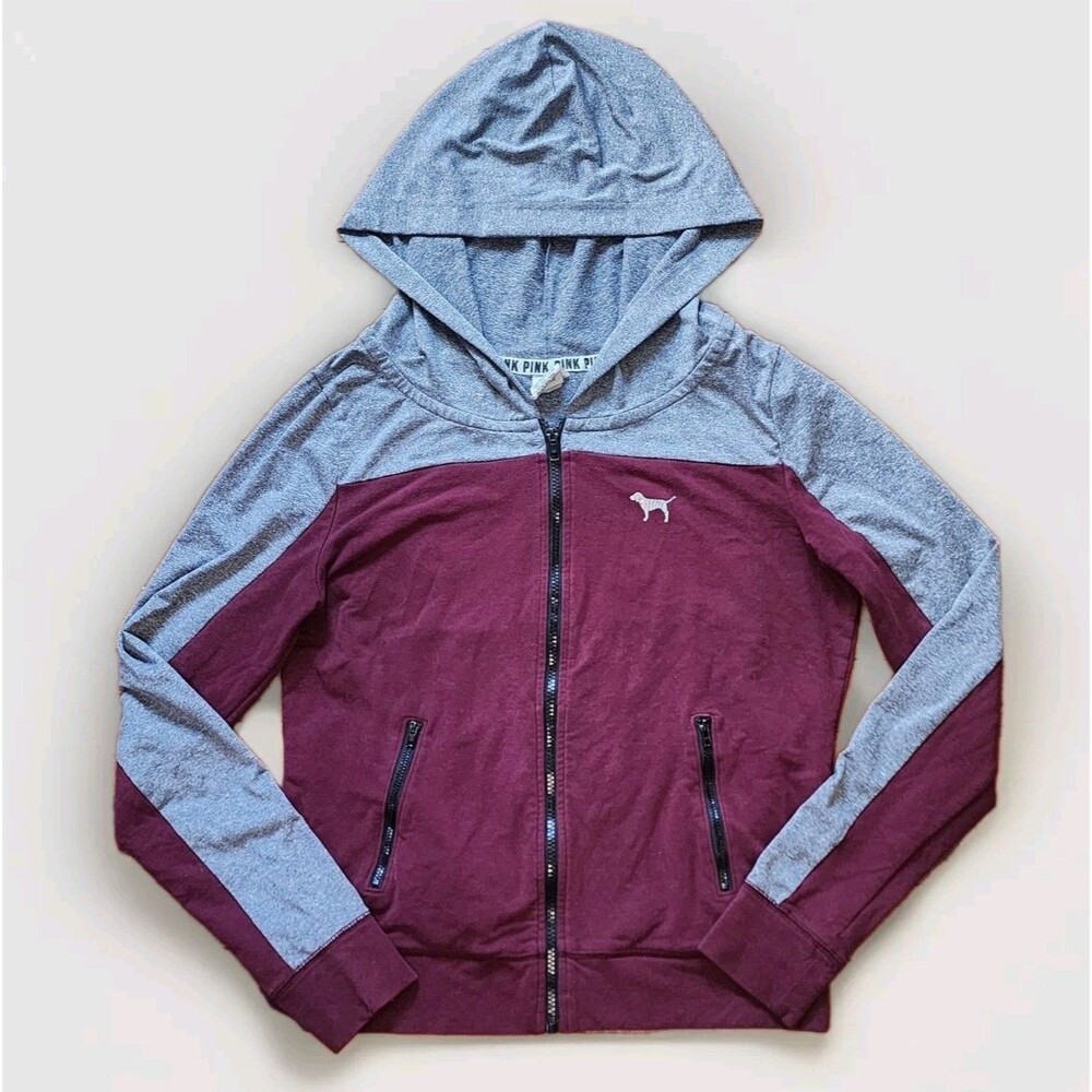 Victoria’s Secret PINK Burgundy & Gray Full-Zip Hoodie – Size Medium
